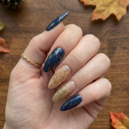 Midnight Royal Gold Press On Nails | Navy Blue Marble Nails | Champagne Gold Glitter Tips | Luxury Geometric Nail Art | Elegant Almond Statement Nails