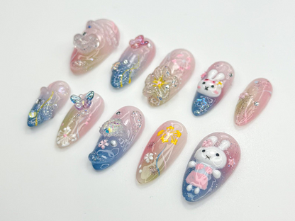 3D Bunny Pastel Press On Nails | 3D Rabbit & Butterfly Nail Art | Sparkly Cute Floral Nails | Ombre Pink Blue Press Ons | JC851HC