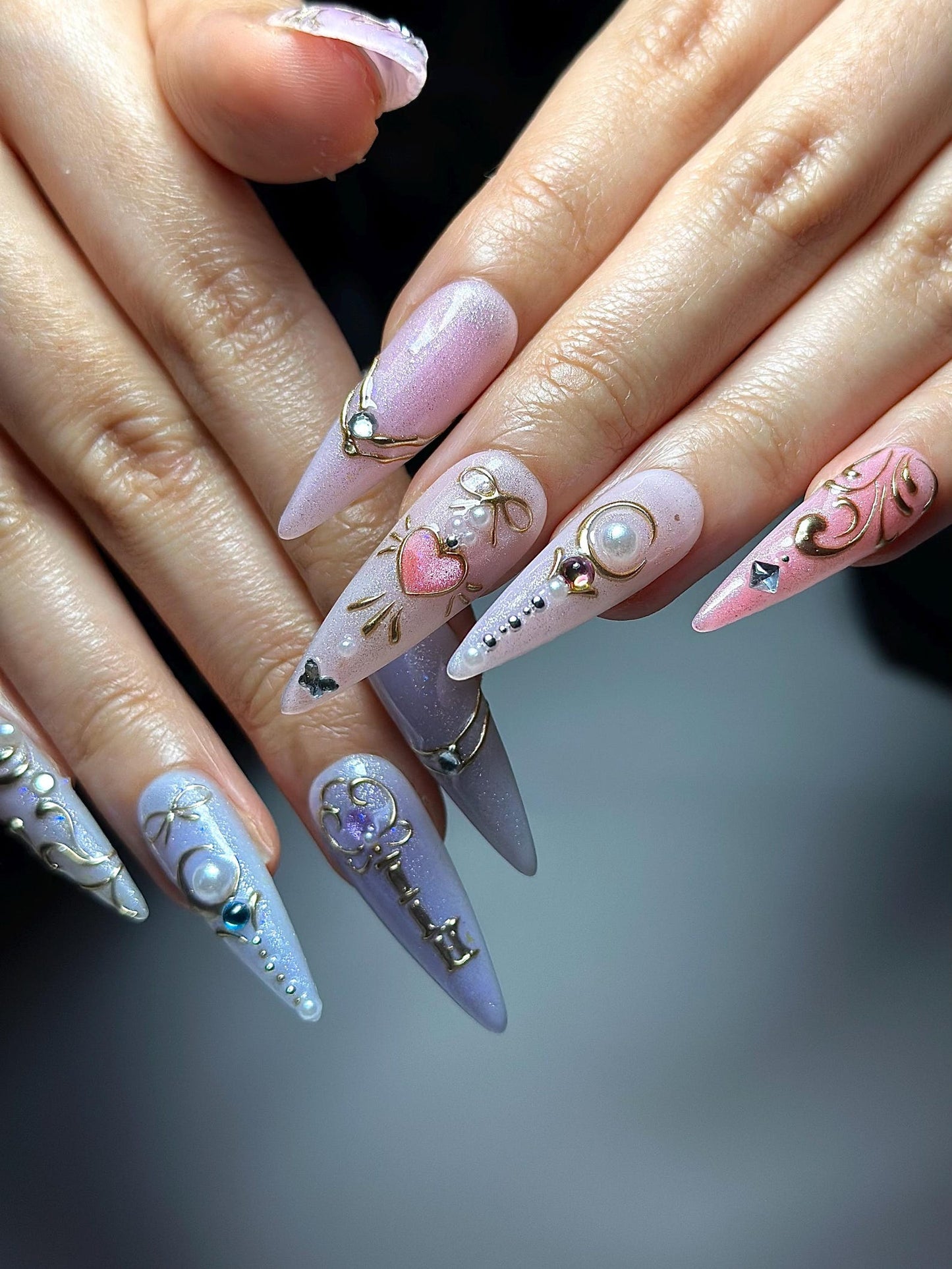 Pastel Cat Eye Press On Nails | Pink Purple Ombre Nails | Cute Heart Bow Nail Art | Elegant Gold Detail Nails| Fairycore Press Ons| HC1307HC