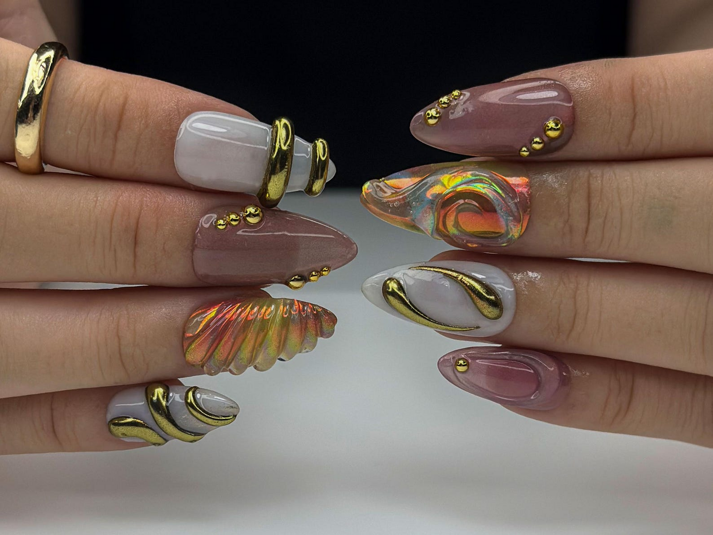 Aurora Gold Swirl Press On Nails | Holographic Iridescent Shell Nails | 3D Gold Chrome Accent Tips | Almond Shape Artistic Nails | HC1007EC