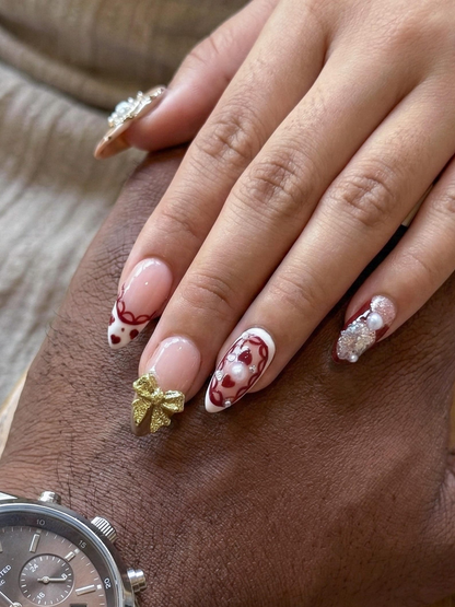 Press On Nails Adhesive Tabs – Nude Red Heart & Glitter Bow Design Long Almond Handmade Fake Nails for Valentine Gift