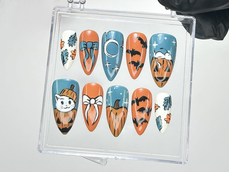 Halloween Cat Press On Nails | Fall Blue Orange Nail Art | Pumpkin & Bat Fake Nails | Pumpkin Cat Nail Design | Spooky Nails | HB572YC