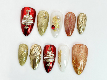 Christmas Tree Press On Nails | Red & Gold Holiday Nail Art with 3D Details | Christmas Tree, Pearl Accents | Holiday Nail Set| JC536HC