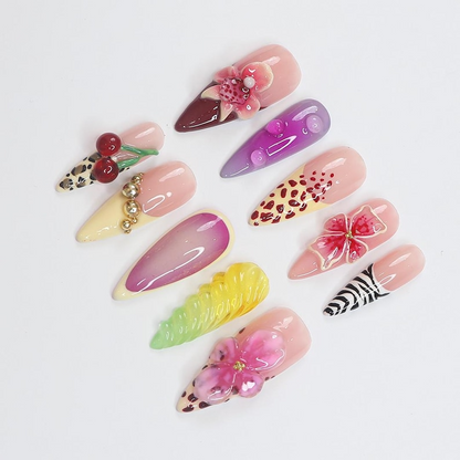 Handmade Tropical Nails | Leopard Print & Floral Accents | 3D Cherry & Flower Details | Long Almond Shape | Ideal for Summer| SK 755