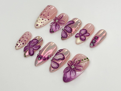 Glossy Purple Flower Press On Nails | 3D Floral Chrome Nails | Handmade Long Nails | Sparkling Violet Flower Tips| Elegant Nail Set |JC770HC