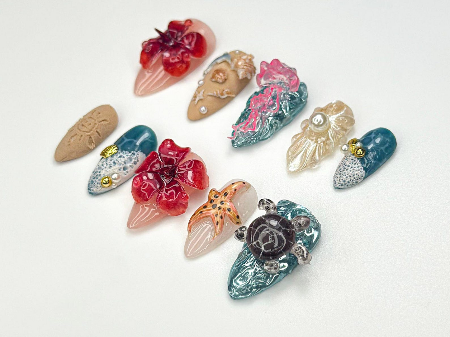 Handmade Summer Press On Nails | 3D Coral Flower Nail Art | Ocean Fantasy Starfish Nail | Tropical Beach Nail Design | Sunset Bloom| JB931HK