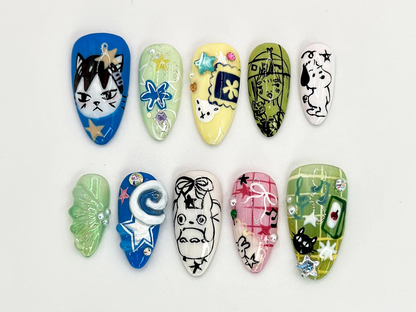 Whimsy Realms Nail Bundle | 3 Fantasy Press On Nail Sets | Button World, Kawaii & Circus Styles| DB101L