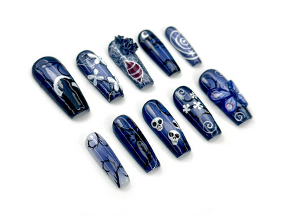 Midnight Gothic Butterfly Press On Nails | Dark Blue Fantasy Nail Art | 3D Butterfly, Skulls & Floral Accents | JC140EC