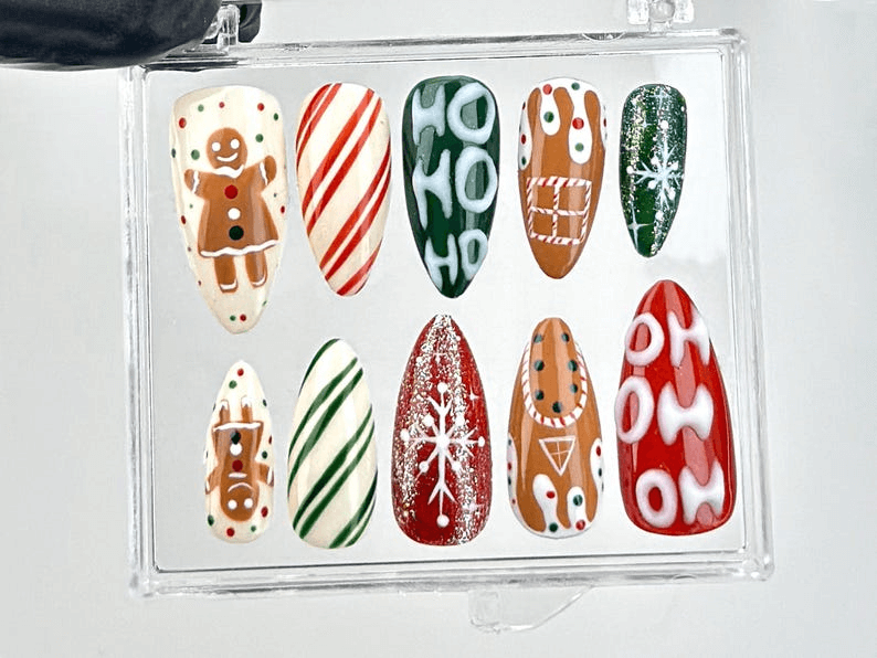 Christmas Party Press On Nails | Gingerbread Man & Holiday Stripes Nail Art | Snowflake Accents Acrylic Nails | Festive Nails | HB635YK