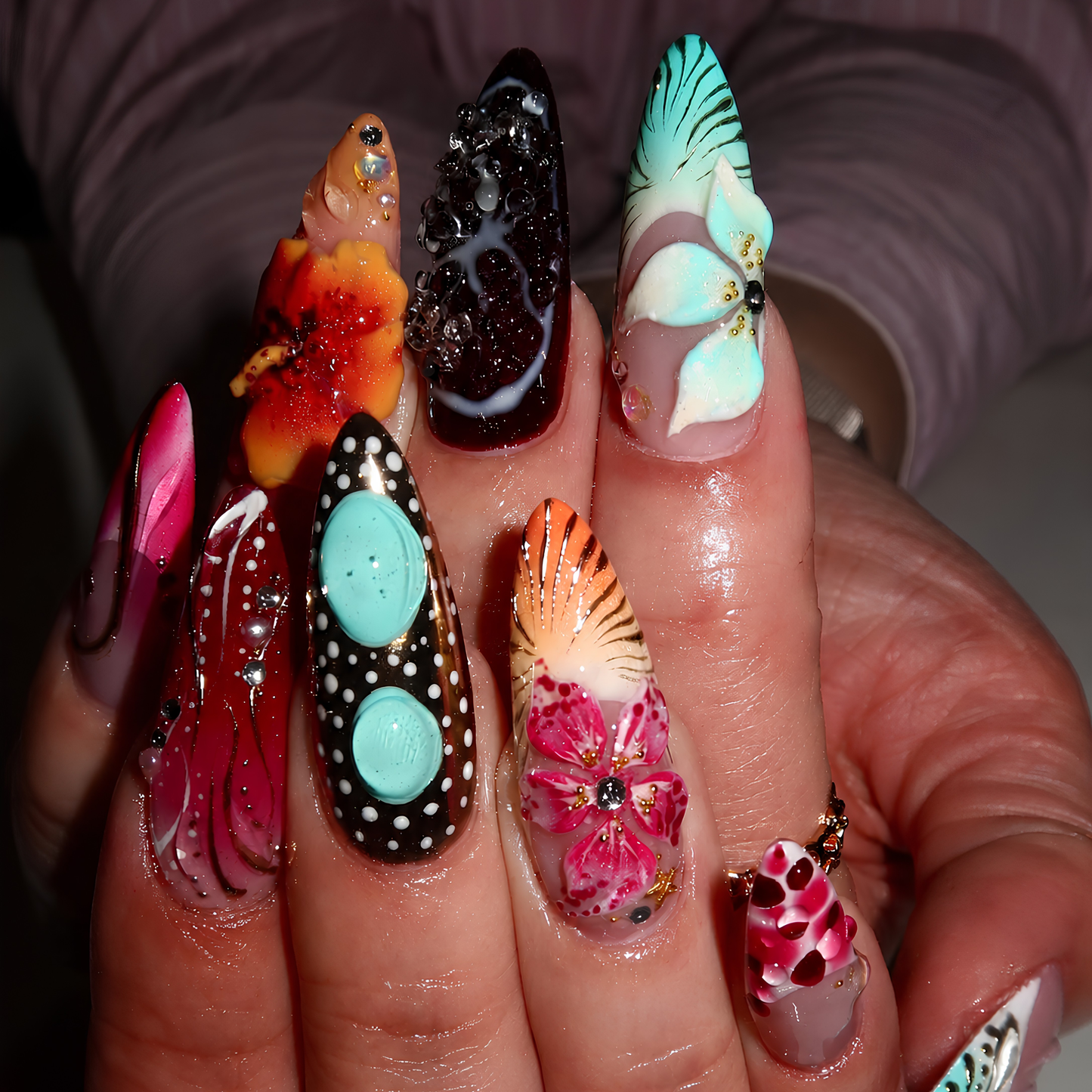 Gyaru Tropical Press On Nails | Luxury 3D Hibiscus Stiletto Fake Finger | Mint Shell Polka Dot Maximalist Summer Gel Manicure | OB2KL2