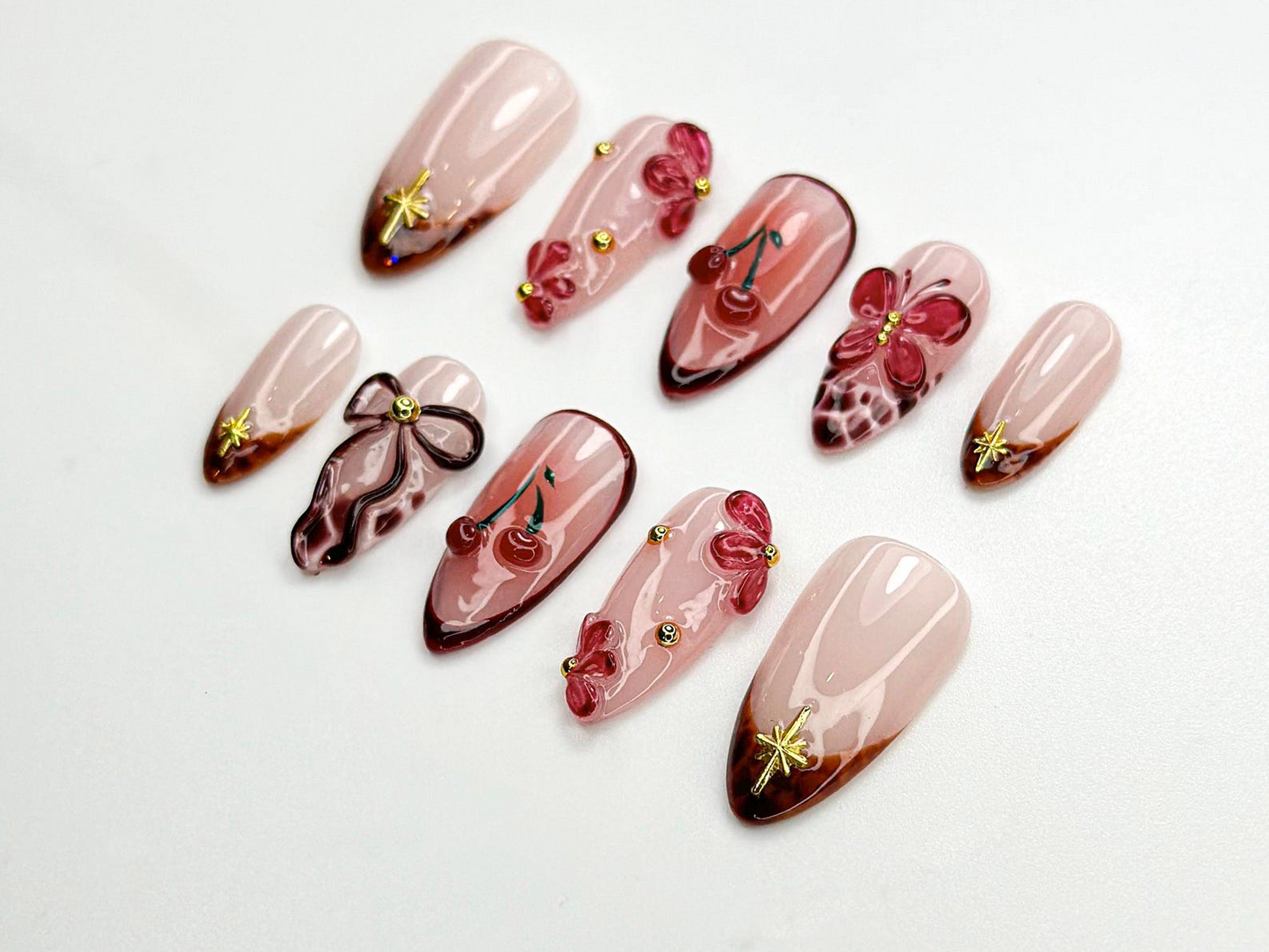 Cherry Blush Bloom Press On Nails | 3D Red Floral & Bow Nail Art | Sweet Cherry Nails | 3D Red Flower Nails | Romantic Nail Set | JC770HC