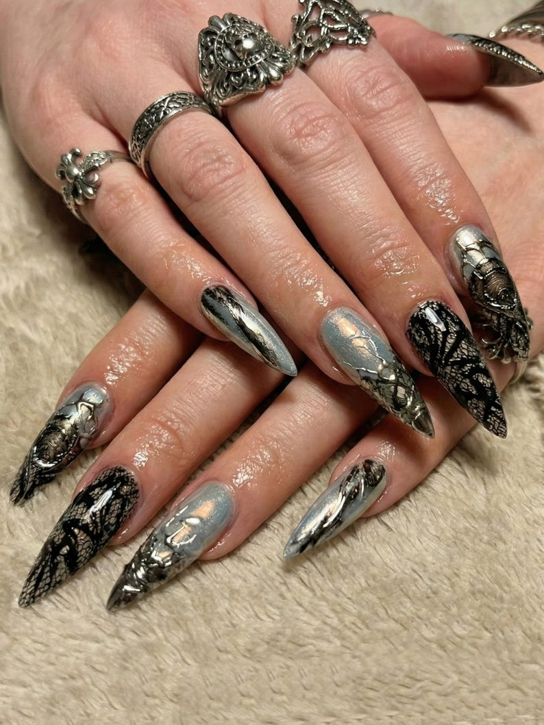 Press On Nails Adhesive Tabs – Black Silver Chrome Abstract Art Long Stiletto Handmade Fake Nails for Gothic Futuristic Look
