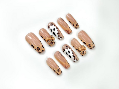 Fall Luxury Leopard Press On Nails| Autumn Nude & Bow Accent Nail Set | 3D Bow Accent Nails | Halloween Chic Design | JB180EC