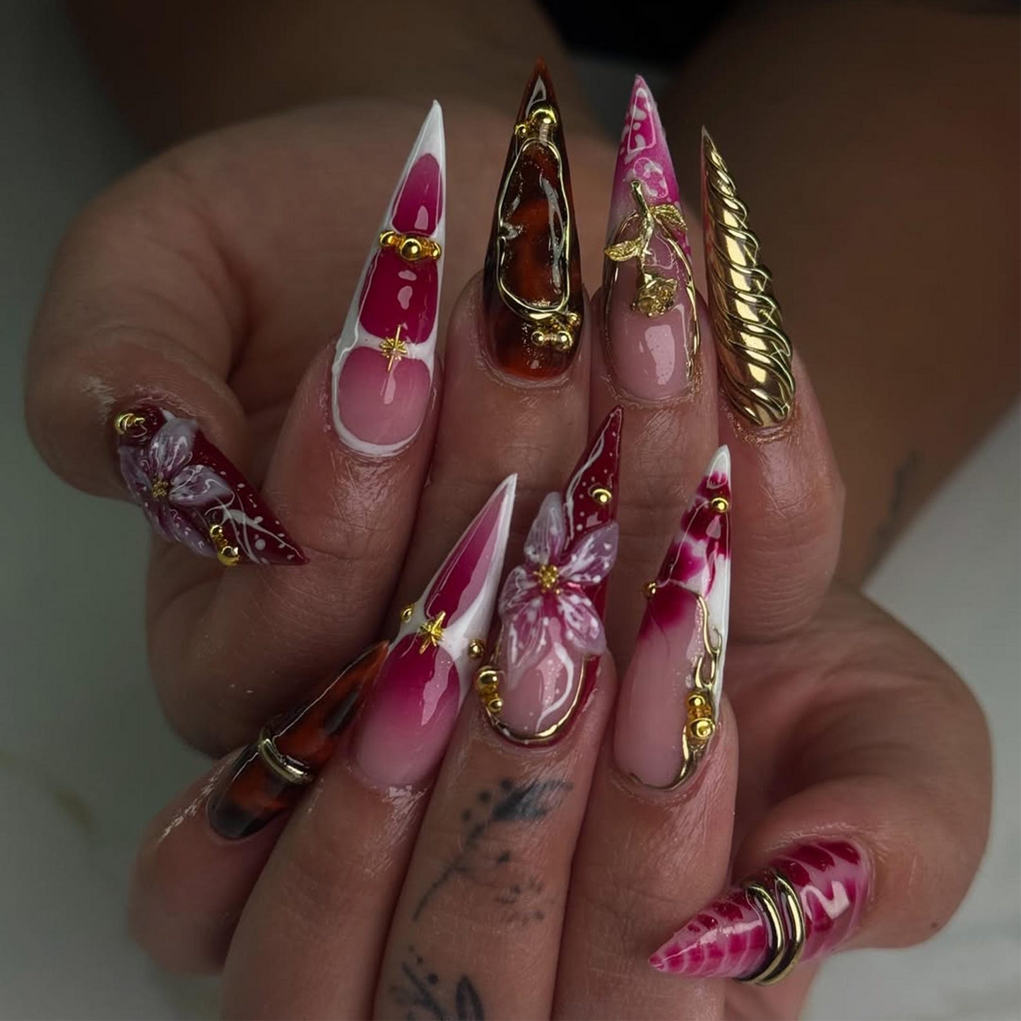 Crimson Gold Floral Press On Nails | 3D Red Floral & Gold Nail Art | Sculpted Jewel Accent Nails | Handmade Elegant Press On Set | JC992HP