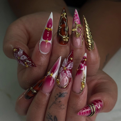 Crimson Gold Floral Press On Nails | 3D Red Floral & Gold Nail Art | Sculpted Jewel Accent Nails | Handmade Elegant Press On Set | JC992HP
