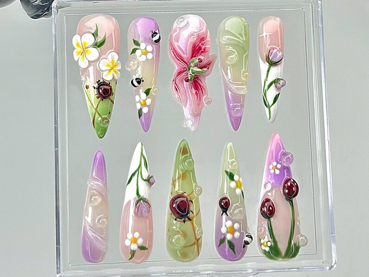Ladybug Spring Floral Press On Nails | Spring Floral Cottagecore Nails | Spring Nature Design Nail Art | Wildflower Fake Nails | HB857YC