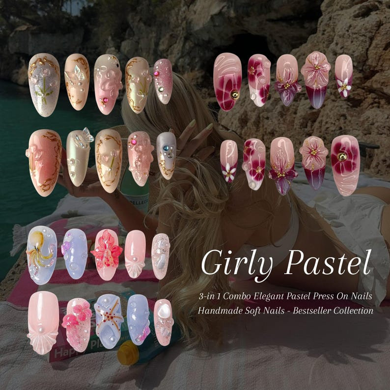 Combo Nature Pastel Press On Nails | Handmade Soft Nail Art | Elegant Spring Designs | Bestseller Nails | Girly Pastel Collection | JB999H