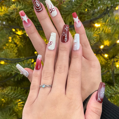 Y2k Elegant Motifs Press On Nails | Y2k-Inspired Nail Set | Red and White with Unique Chrome Designs on Fake nails | HC77