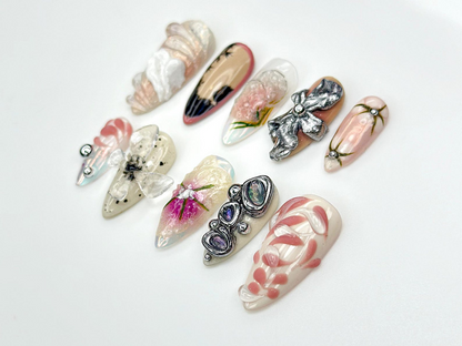 Abstract Blossom Art Press On Nails | Mixed Media 3D Nail Sculpture | Handmade Artistic Nail Tips | Metallic Floral Fantasy Set | JB956EC
