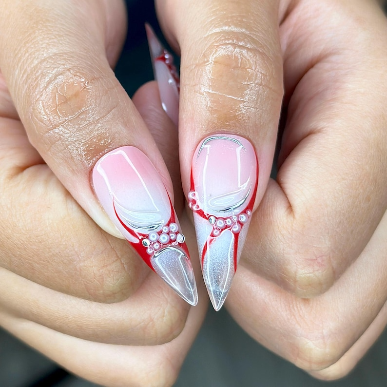 Red Silver Flame Press On Nails | Elegant Long Nail Art | Luxury Red Silver Fake Nails | Silver Flame Press Ons | Long Nails | HC148YK