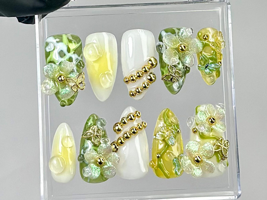 Nature Aesthetic Press On Nails | Wedding Ready Floral Fake Nails | Glass Effect Botanica Nail Art | 3D Floral Almond Nails | HB770YC