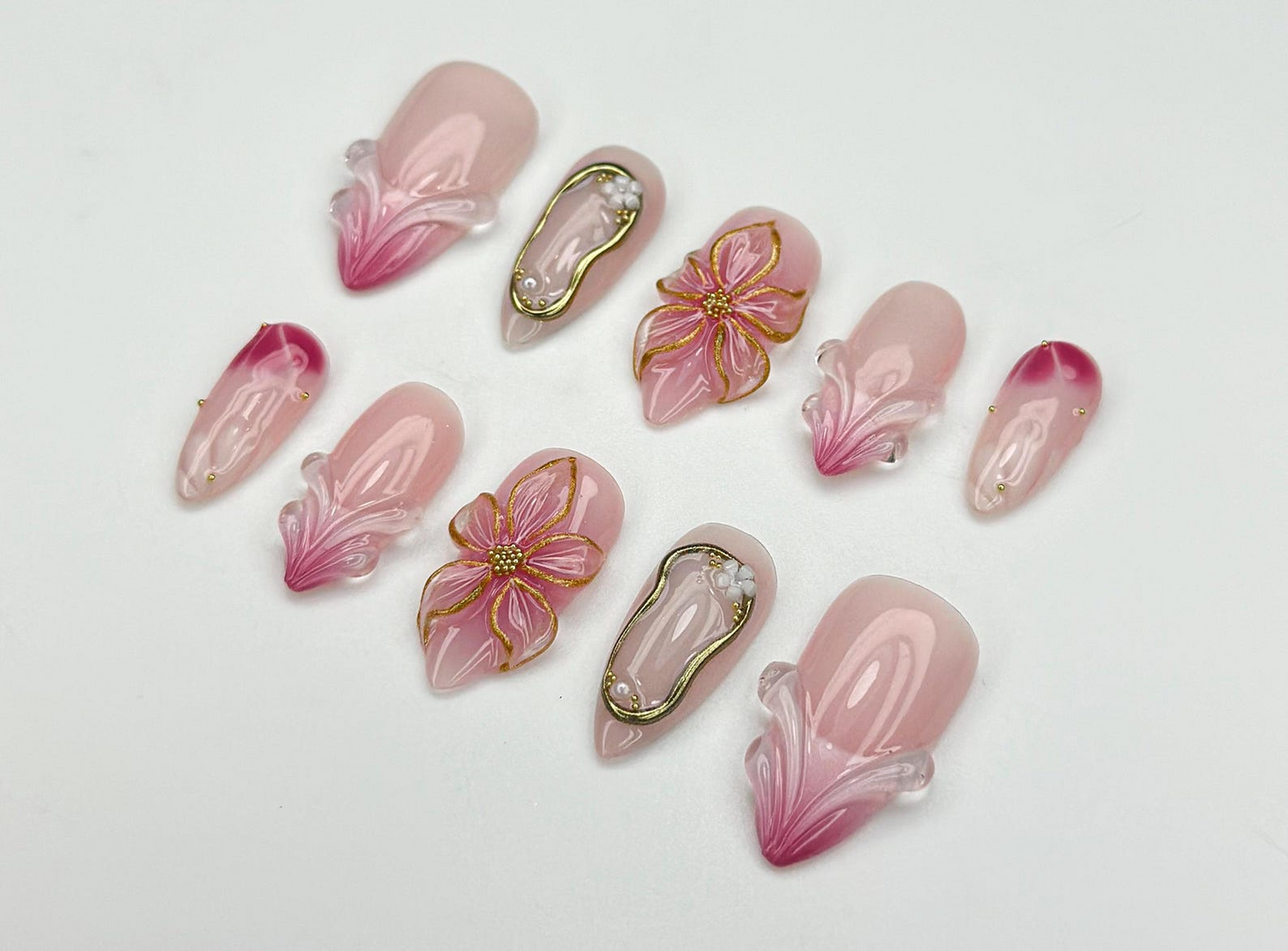 Blush Bloom Elegance Press On Nails | 3D Floral Accents Nail Art | Gold Details & Pink Ombre Press Ons | Luxury Nail| Wedding Nails |JC962H