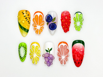 Combo Summer Vibes Press On Nails | 3D Tropical Fruit Nail Art | Handmade Kiwi, Watermelon & Citrus Nails | Beach Vacation Nail Set | Bestseller Summer Nails