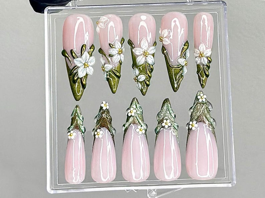 Sculpted Floral Press On Nails | Glossy Green Leaf Nail Art | Ethereal Spring Press Ons | Elegant Flower Tips Fake nails | Luxury | HB944YK