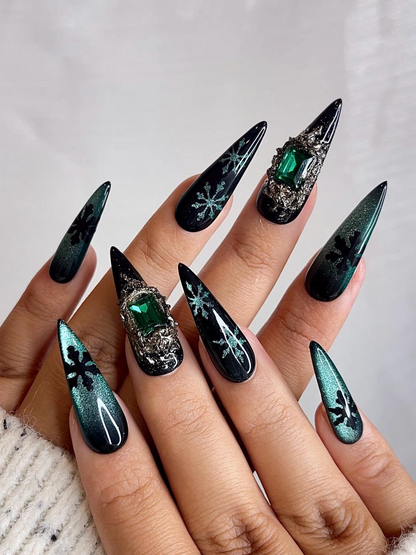 Emerald Snowflake Christmas Press On Nails | Black Green Winter Nails | Luxe Holiday Nail Art | Stiletto Press Ons | Winter Set | JB237HC