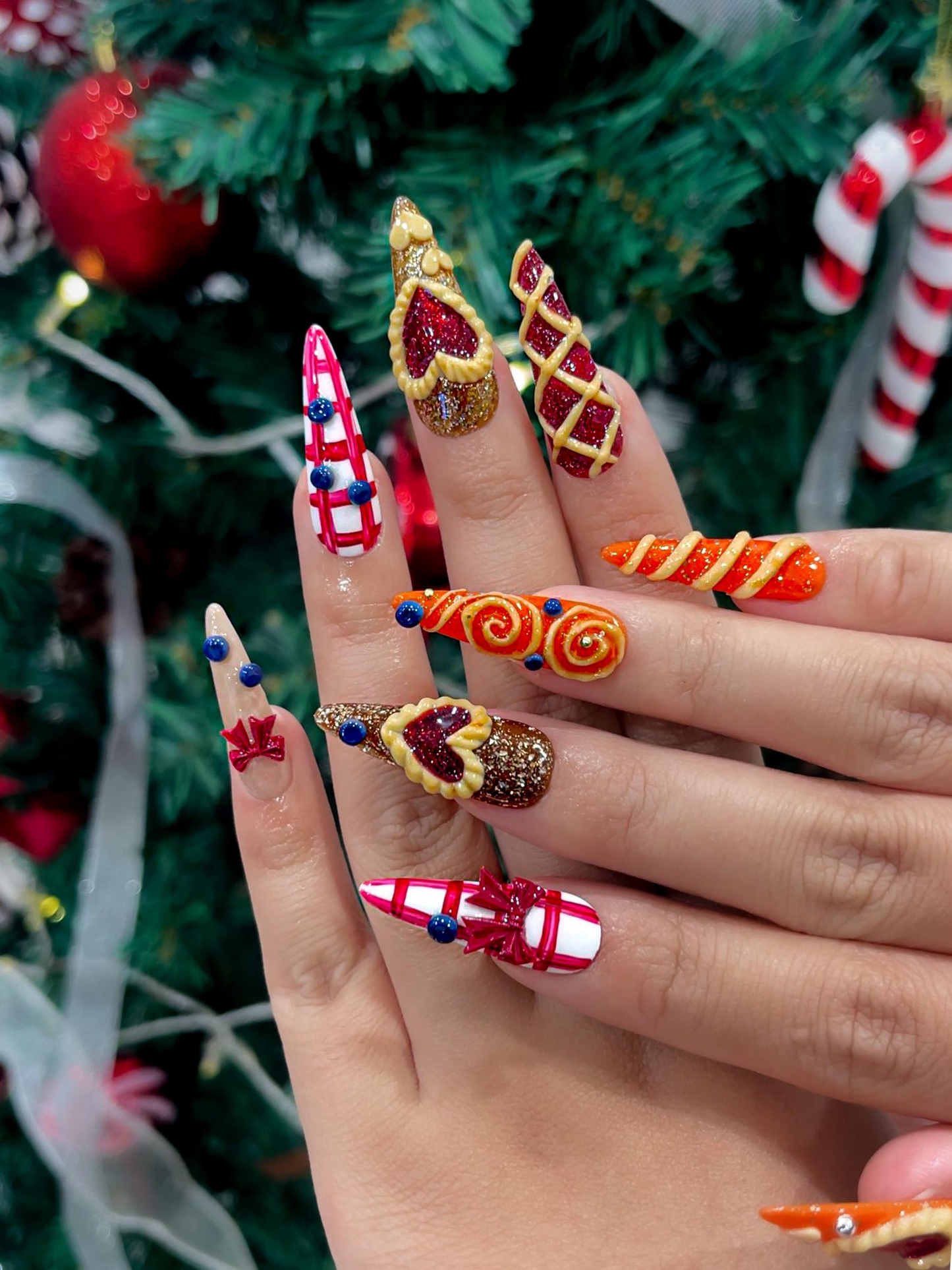 Sweet Berry Pastry Press On Nails | 3D Heart Tart Cute Nails | Red Pastry Press Ons | Holiday Bakery Nails | JC257EC