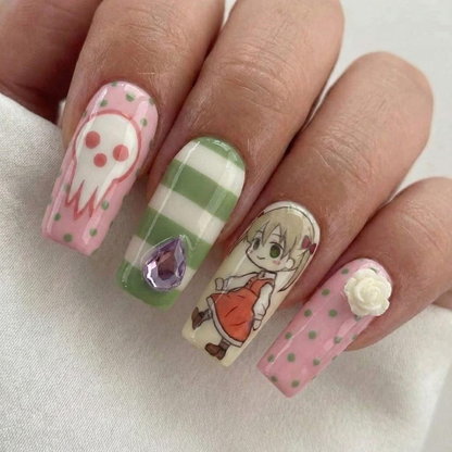 Crona & Maka Anime Press On Nails | Soul Eater Anime Nail Art | Kawaii Horror Nail Design | Long Coffin Statement Nails | JB271H