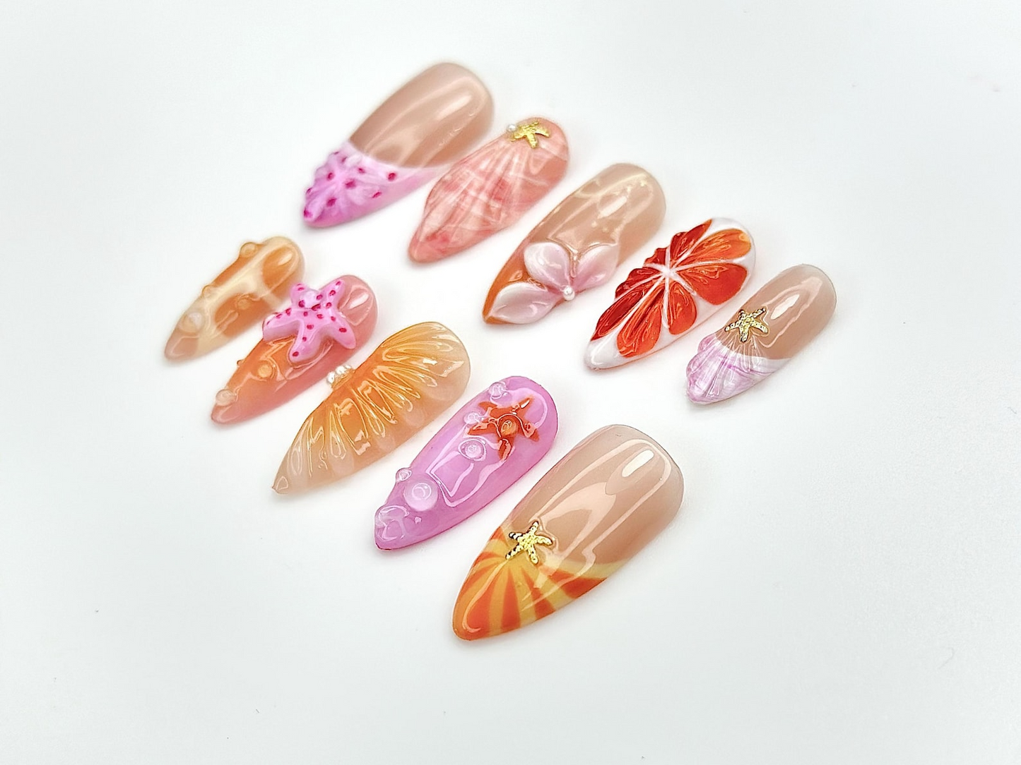 Tropical Summer Splash Press On Nails | Cute Starfish & Shell Design | Bright Sunset and Beach Theme Nails | 3D Ocean Nail Art | JB979EK