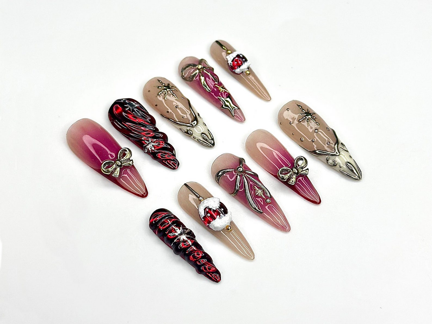 Elegant Christmas Press On Nails | Holiday Chrome Nail Art | Winter Festival Nails | Red Gold Bow Design | Handmade Gift for Her | JB1190BK