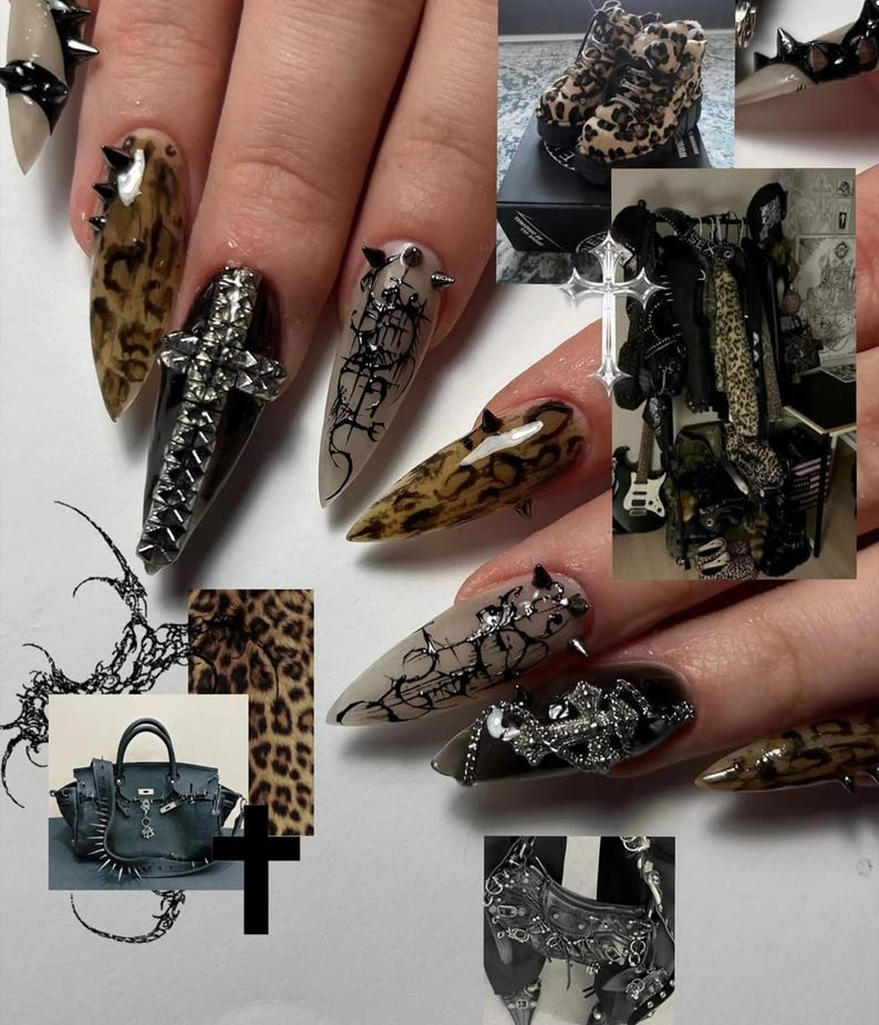 Gothic Punk Stiletto Press On Nails | Leopard Chrome Nail Art | Edgy Studded Nail Design | Alt Fashion Black Nails | JB827HC