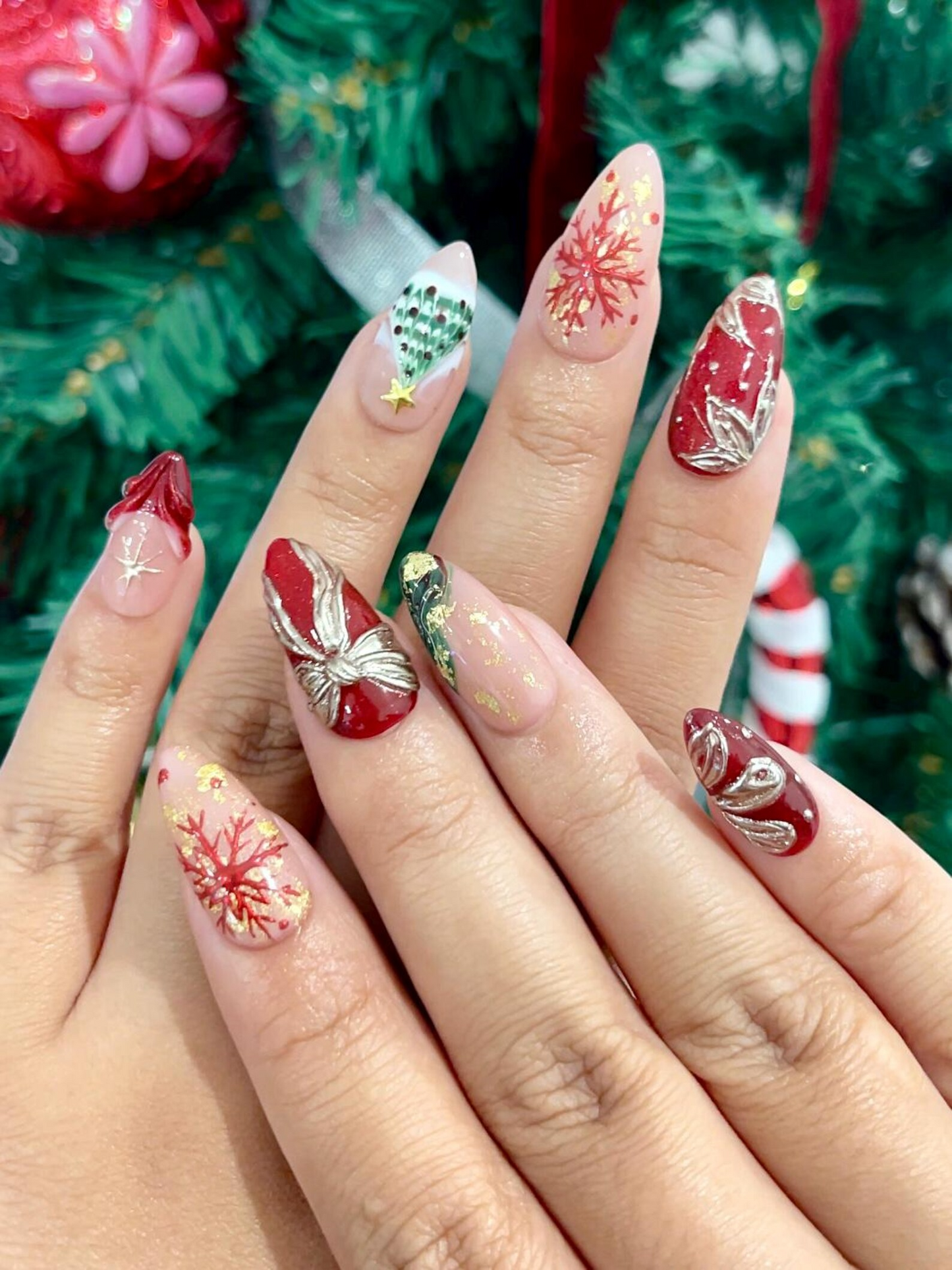 Red & Gold Christmas Press On Nails | Holiday Bow Nails | Festive Snowflake Nail Art | Elegant Press Ons | Winter Glam Nails | JB256HC