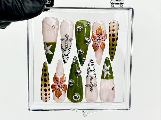 Safari Chic Press On Nails | Olive Green and Cross Nail Set | Pink Flower and Jungle Vibe | Animal Print & Chrome Accent | HC965EK