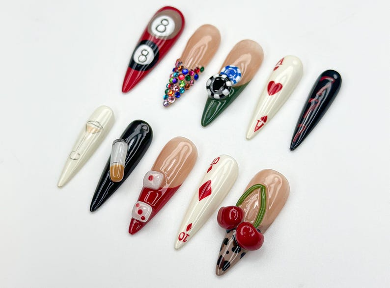 Casino Game Theme Press On Nails | 3D Poker Dice & Martini Nails | Vegas Party Press Ons | Bold Handmade Nail| Vegas Nightlife Nail | JB960H