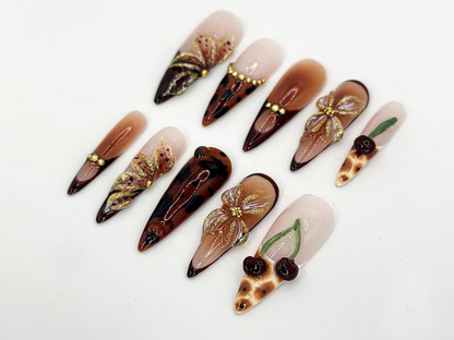 Brown Tortoise Shell Press-On Nails | Handmade Gold Floral Accent Nails | Tortoise Shell and Cherry Design | Brown Ombre Accents | JB652H