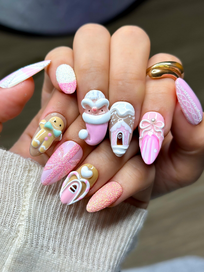 Pink Gingerbread Christmas Press On Nails | Festive Holiday Nail Art | 3D Santa & Candy Cane Nail Set | Handmade Pink Winter Nails|JB225EG