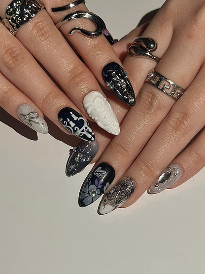 Gothic Violet Chrome Press On Nails | Black Silver Luxury Nails | 3D Baroque Floral Nails | Dark Elegant Nails | JC310HC
