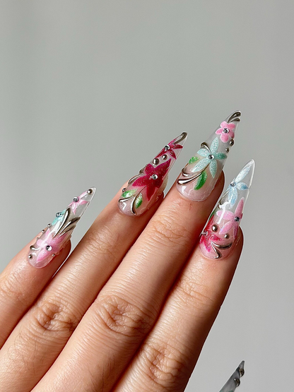 Dreamy Pastel Cat Press On Nails, Cute Cat and Star Anime Nails, Pink and Green Kawaii Aesthetic Fake Nails with Gold Moon Charms, HC1288HC (Copy)