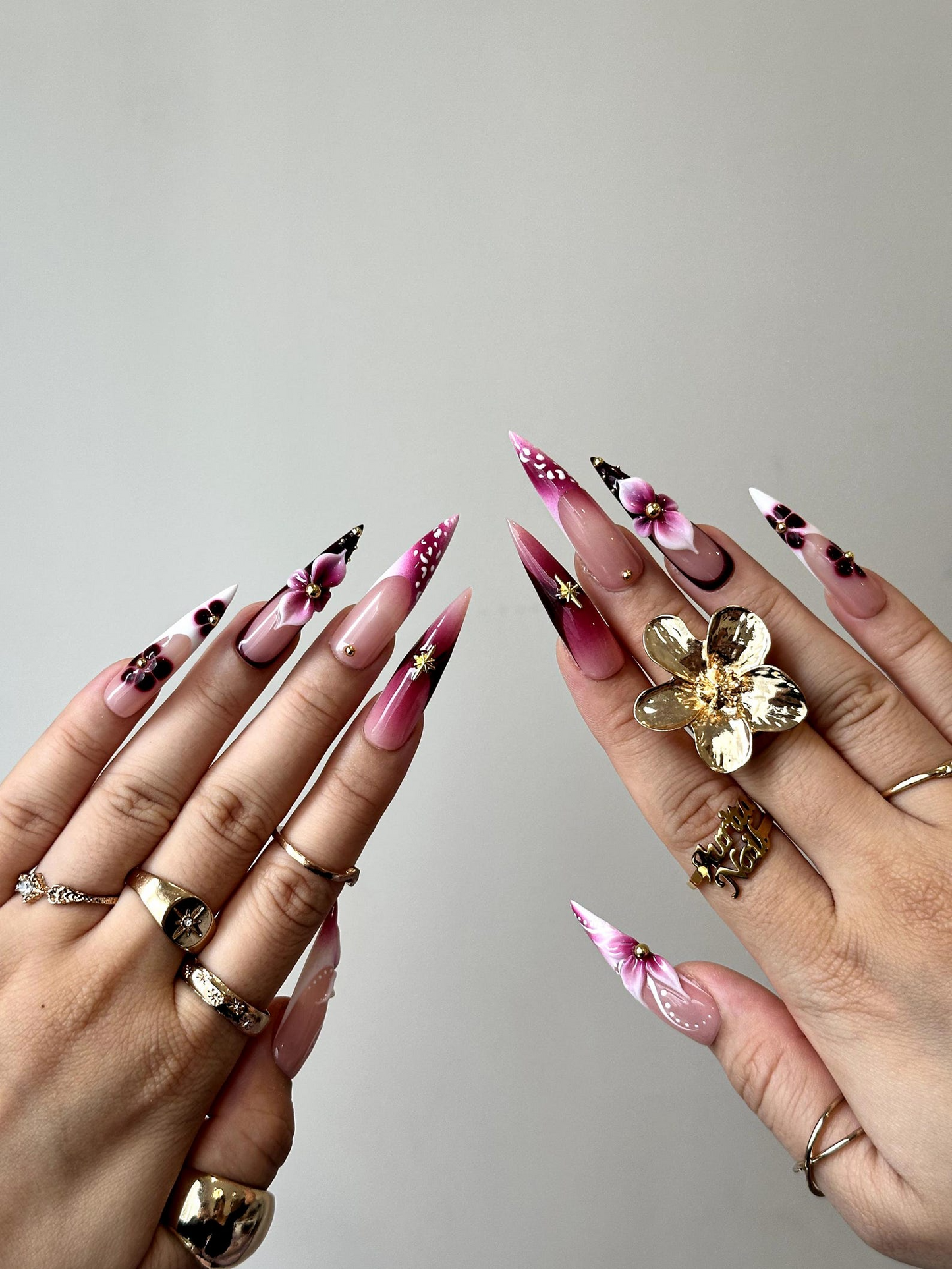 Elegant Floral Press On Nails | 3D Floral Ombre Nails | Burgundy & Pink Gradient Nail Art | Luxury Handmade Press Ons | DC881HC