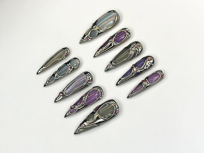 Futuristic Metallic Press On Nails | Silver Frame Nail Art | Gemstone Inspired Handmade Nails | Gray & Purple Luxury Nail Set | HC1158BC