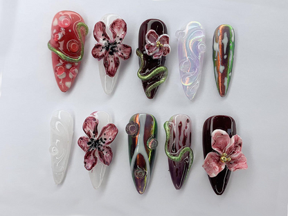 Luxury Floral Press-On Nails | Elegant 3D Blossom Nail Set | Unique Hand-Painted Press-On Nails with Floral Designs | Vibrant Nails |JB336AL