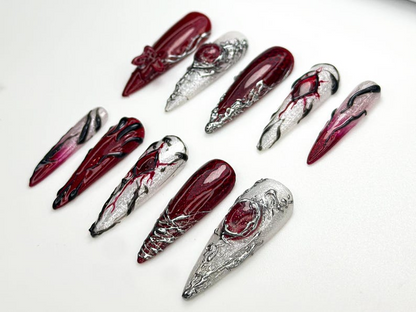 Vampire Red Gothic Press On Nails | Gothic Nail Art Set | Silver Blood Magic Nails | Dark Rune Design Press Ons | 3D Fantasy Nails | JC863HC
