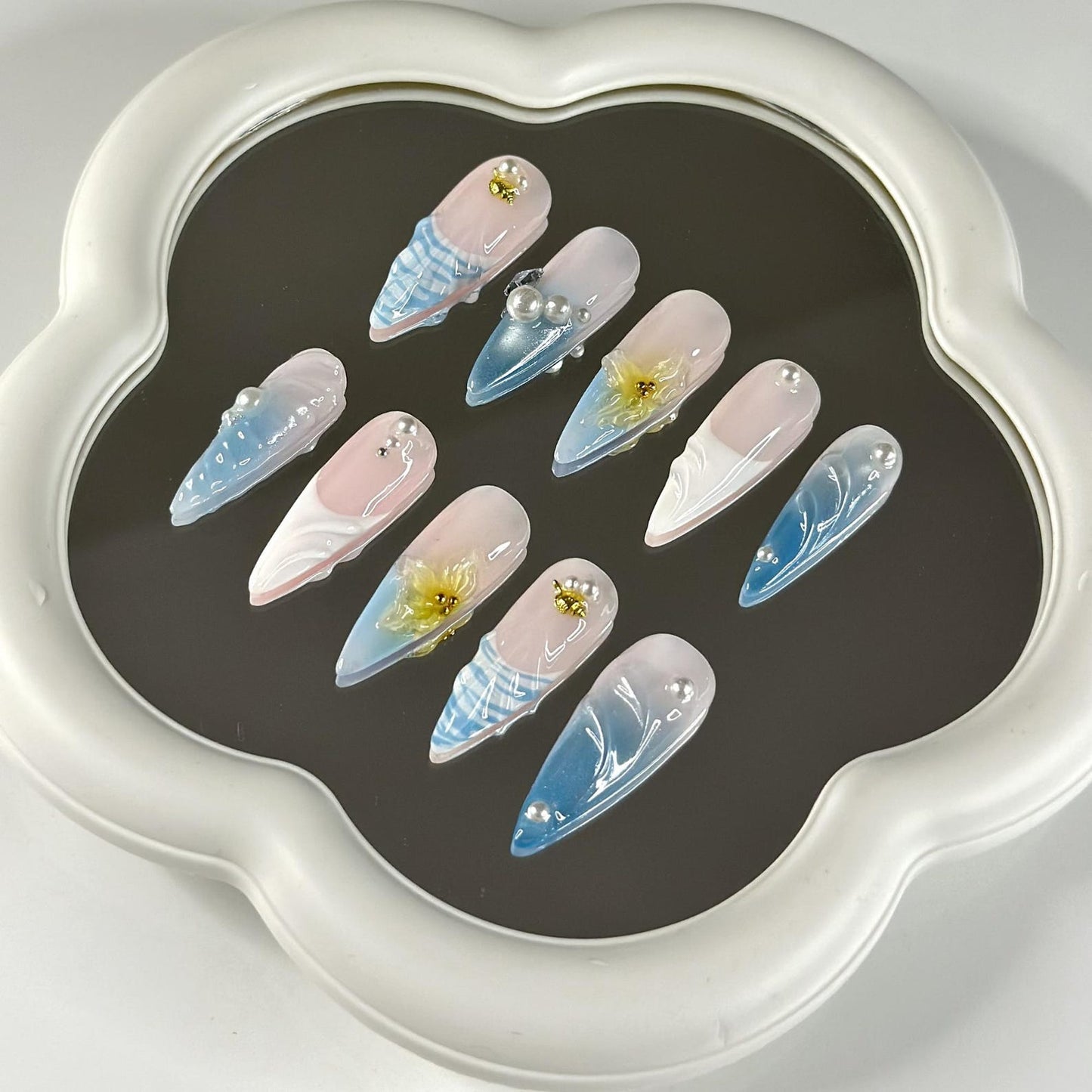 Oceanic Glam Press On Nails | Ripple & 3D Floral | Y2K Pastel Summer | Bold Beach Vacation | Long Stiletto Mermaid Nail | OB1350DG