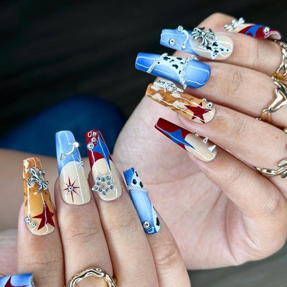 Western Cowboy Press On Nails | Red Star & Blue Denim Nail Art | Cow Print Patchwork Fake Nails | Rodeo Festival Press Ons | HC342YP