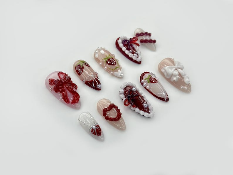 Strawberry Lace Fantasy Press On Nails | 3D Strawberry & Bow Nail Art | Red Pearl Accents | Cute Kawaii Press Ons | HB1100EC