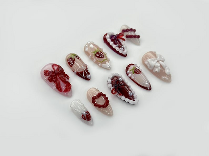 Strawberry Lace Fantasy Press On Nails | 3D Strawberry & Bow Nail Art | Red Pearl Accents | Cute Kawaii Press Ons | HB1100EC