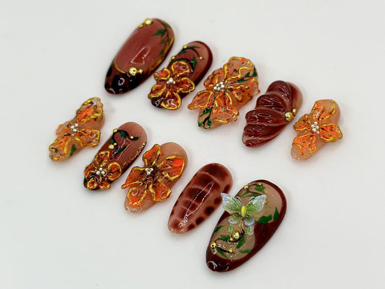 Custom Brown Floral Press-On Nails | Fall Leaves Design | Brown and Orange 3D Nail Art | Custom Nail Design | Autumn Elegance | JB595H
